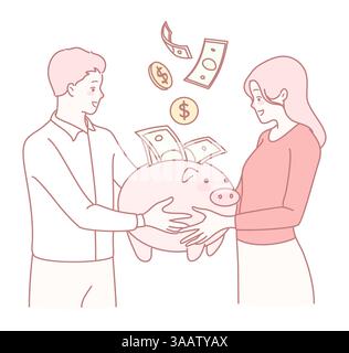 Économiser de l'argent ensemble pour un avenir brillant et prospère Un couple avec une Piggy Bank et de l'argent comptant Illustration de Vecteur