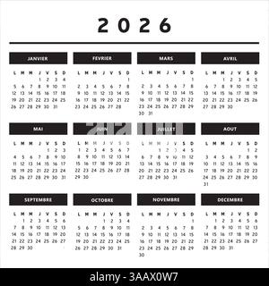 Calendrier 2026 avec boîtes en noir et blanc couleurs 4 colonnes - Français Illustration de Vecteur