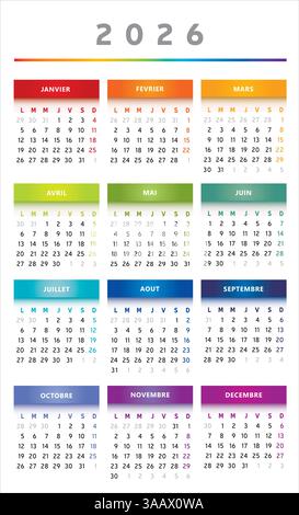 Calendrier 2026 avec des boîtes en couleurs arc-en-ciel 3 colonnes - Français Illustration de Vecteur