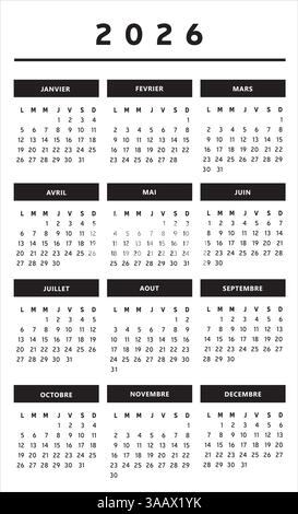 Calendrier 2026 avec boîtes en noir et blanc couleurs 3 colonnes - Français Illustration de Vecteur
