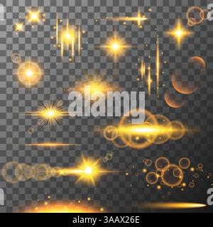 Collection de différents effets lumineux jaunes. Reflets de lentille, rayons, étoiles et étincelles avec collection bokeh. Effet de lumière transparent vectoriel Illustration de Vecteur