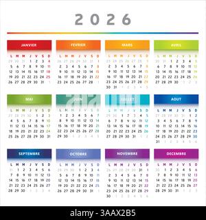 Calendrier 2026 avec des boîtes en couleurs arc-en-ciel 4 colonnes - Français Illustration de Vecteur
