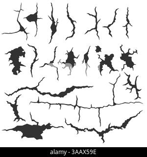 Ensemble de fissures murales sombres isolées sur fond blanc. Fracture réaliste dans la paroi. Illustration de l'effondrement d'une fente cassée. Illustration vectorielle Illustration de Vecteur
