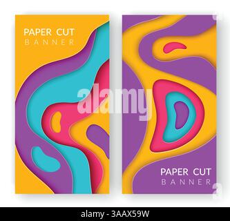Deux bannières abstraites verticales avec des formes découpées en papier multicolores. Formes d'onde découpées en papier dans différentes couleurs. Motif origami courbe en couches. Vecteur 3D ab Illustration de Vecteur