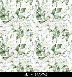 Motif floral sans couture romantique avec orchidées blanches et feuilles de houx isolées. Verdure luxuriante et fleurs d'aquarelle pastel sur botanique répétée Banque D'Images
