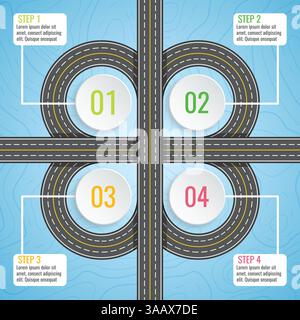 Modèle d'infographie avec carte routière du trèfle. Éléments vectoriels de vue de dessus. Road trip. Modèle de conception infographique d'affaires et de voyage. Route sinueuse sur un b Illustration de Vecteur