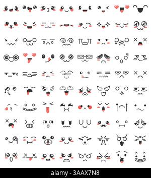 Collection de jolis yeux et bouches kawaii mignons. Doodle visages de dessins animés dans le style manga. Personnages émoticônes emoji mignons. Dessin animé de sourire d'émotion vectorielle Illustration de Vecteur