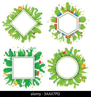 Ensemble de 4 cadres vectoriels géométriques vides avec cactus et succulentes. Plantes de cactus maison avec des brochettes et des fleurs. Collection tropicale exotique de var Illustration de Vecteur