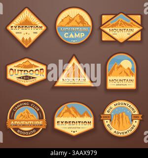 Ensemble de neuf emblèmes de voyage en montagne. Emblèmes, badges et patchs de logo d'aventure en plein air pour camping. Tourisme de montagne, randonnées. Étiquettes vectorielles de camp forestier i Illustration de Vecteur