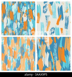 Ensemble de quatre motifs de pinceau grunge sans couture dans des couleurs vives. Arrière-plans vectoriels tendance abstraits. Arrière-plans tendance avec textures dessinées à la main et abstra Illustration de Vecteur