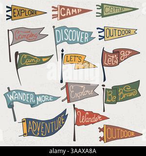 Ensemble d'aventure, à l'extérieur, camper fanions colorés. Étiquettes monochromes rétro sur fond texturé. Style wanderlust dessiné à la main. Fanion voyage fla Illustration de Vecteur