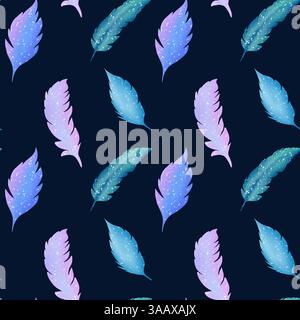 Belles plumes colorées sur un fond noir, motif sans couture. Illustration numérique aquarelle Banque D'Images