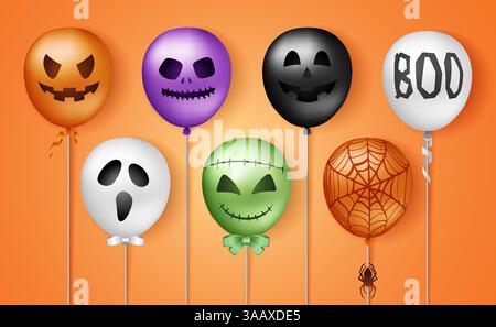 Ballons vectoriels 3D d'Halloween. Ballons à air effrayants aux couleurs traditionnelles. Ballons fantômes d'Halloween Illustration de Vecteur