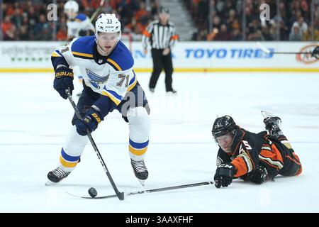 12 mars 2018 : Anaheim Ducks aile droite Ondrej Kase (25) plonge pour percer le palet de l'aile gauche de Louis Blues Vladimir Sobotka (71) à la troisième période du jeu entre Louis Blues et Anaheim Ducks, Honda Center à Anaheim, CA, Peter Joneleit(Credit image : &copy ; Peter Joneleit/CSM via ZUMA Wire) Banque D'Images