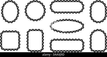 Bord de crête du cadre. Ornements de dentelle bordent les carrés, les cercles et les rectangles. Ensemble d'illustrations noires vectorielles isolées sur fond blanc. Illustration de Vecteur