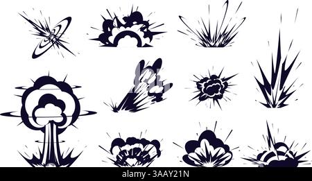 Silhouettes explosions et éclairs de feu. Boom de bombe. Puissance souffle avec des nuages de fumée et de flamme. Détonations comiques. Attaque à l'arme. Prises de vue en rafale magique Illustration de Vecteur