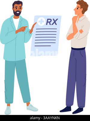 Le médecin rédige une ordonnance médicale pour les médicaments du patient. Rendez-vous avec le médecin. Consultation de thérapeute. Document RX. Recette pharmaceutique pour Illustration de Vecteur