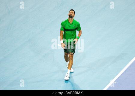 MIAMI GARDENS, FLORIDE - MARS 30 : Novak Djokovic de Serbie réagit contre Jakub Mensik de République tchèque lors de leur match de championnat le jour 13 de l'Open de Miami au Hard Rock Stadium le 30 mars 2025 à Miami Gardens, Floride. (Photo de Mauricio Paiz) Banque D'Images