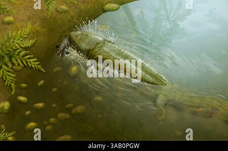 Amphibien Procuhy s'attaquant au petit reptile Captorhinikos. Banque D'Images