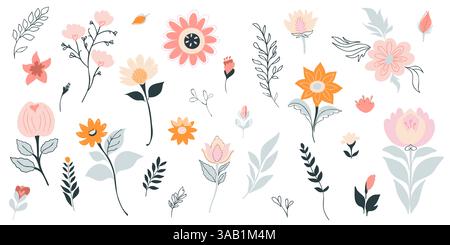 Une collection de fleurs et de brindilles assorties stylisées adaptées aux dessins botaniques, cartes de vœux, invitations, décoration intérieure, marquage floral pour événement Illustration de Vecteur