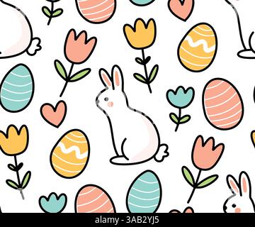 Pâques joli fond de modèle sans couture avec des œufs colorés, des fleurs, lapin avec contour noir sur fond blanc Illustration de Vecteur