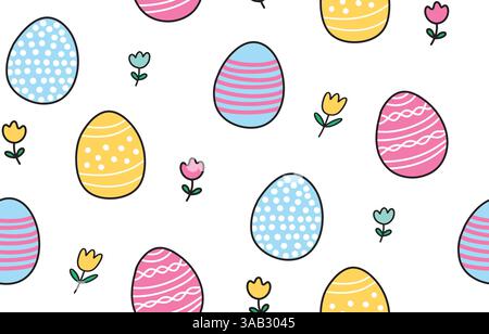 Joli fond de motif sans couture de Pâques avec des œufs colorés décorés colorés brillants Doodles avec Black Outline et Tulip Flowers Illustration de Vecteur