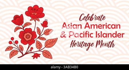 Asiatique américain, bannière vectorielle du mois du patrimoine des îles du Pacifique avec silhouette de branche de fleur asiatique dessinée à la main. Carte de vœux, impression AAPI Illustration de Vecteur