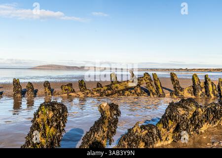 L'épave du navire norvégien SS Nornen qui s'est échoué sur la plage de Berrow Burnham-on-Sea et la baie de Brean Beach avec vue sur Brean Down. Banque D'Images