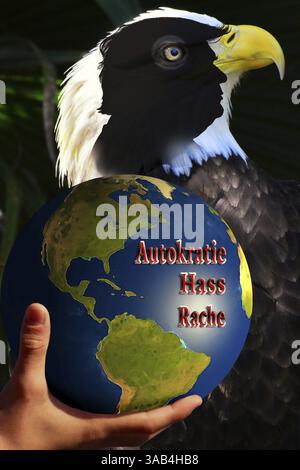 Image symbolique, animal héraldique de l'aigle américain, démocratie contre autocratie, démocratie américaine en danger, UE et Allemagne comme boucs émissaires, industrie, Donald Trump, ta Banque D'Images