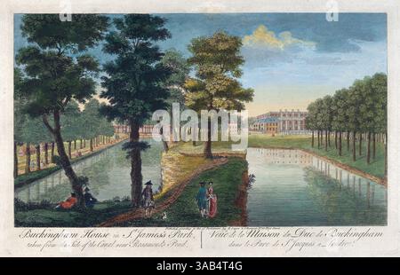 Une vue de gravure colorée à l'aquarelle de Buckingham House dans le parc St James du côté du canal près de Rosamonds Pond Londres, œuvre d'art 18ème siècle perspective historique, estampe antique artiste inconnu publié par Robert Sayer Banque D'Images