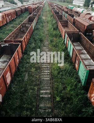 Vue aérienne de la gare abandonnée : voies ferrées envahies par la végétation et trains de marchandises rouillés. Voie ferrée vide envahie par la végétation entre des wagons fixes. Banque D'Images