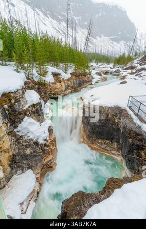La superbe cascade de Marble Canyon dans le parc national de Kootenay, au Canada, cascades à travers de profonds murs calcaires, présentant des eaux cristallines, tapis Banque D'Images