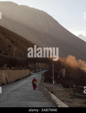 Une agricultrice népalaise marche le long d'une route pavée à Muktinath, au Népal, portant un panier tissé alors que le soleil se couche sur le magnifique paysage montagneux. Banque D'Images