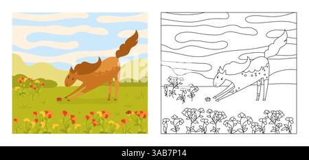 Cheval avec coléoptère sur livre de coloriage de prairie d'été pour illustration vectorielle de dessin animé pour enfants. Étalon comique jument ludique cheval de race pure. Animal de caractère plat drôle. Dessin design parfait pour les enfants Illustration de Vecteur