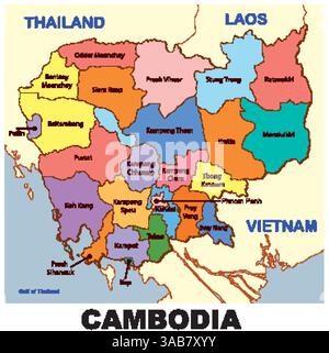 Illustration vectorielle détaillée des provinces du Cambodge, soulignant les frontières et les pays voisins dans des couleurs vives Illustration de Vecteur