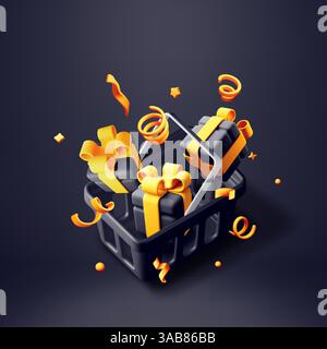 Panier 3D rempli de boîtes cadeaux en confettis. Rendez des cadeaux de luxe avec des rubans dorés pour célébrer la saison des fêtes. Cadeau pour la famille et Illustration de Vecteur