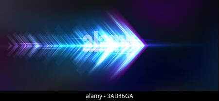 La flèche brillante renforce le fond abstrait. Lignes de néon brillantes bleues et violettes formant une forme dynamique avec effet lumineux traînée. Illustration vectorielle de technologie futuriste pour le concept de vitesse ou de croissance. Illustration de Vecteur