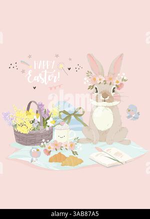Carte de voeux joyeuses Pâques avec lapin mignon et éléments de Pâques Illustration de Vecteur