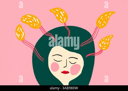 Une illustration fantaisiste avec un visage serein avec les yeux fermés sur un fond rose. Des éléments abstraits jaunes poussent des cheveux, ajoutant Banque D'Images