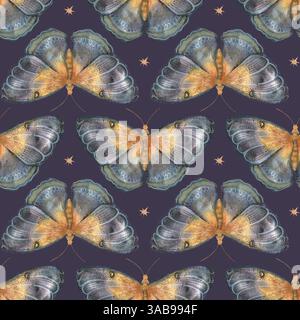 Motif aquarelle sans couture avec des papillons mystiques et des étoiles sur un fond sombre. Élégant, vintage et céleste, parfait pour le tissu, le papier peint Banque D'Images