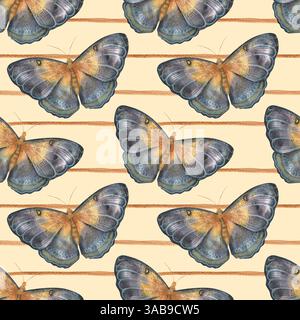 Motif aquarelle sans couture avec des papillons mystiques et des rayures peintes à la main sur un fond beige doux. Élégant et vintage, parfait pour les textiles Banque D'Images