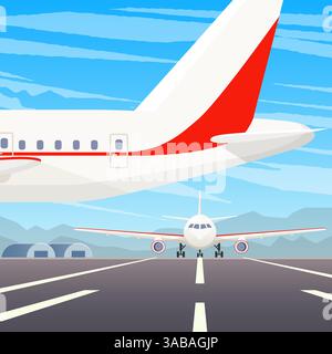 Un avion debout dans l'aéroport. Un avion volant dans le ciel. Illustration vectorielle d'atterrissage. Voyage en avion, compagnies aériennes privées et transport Illustration de Vecteur