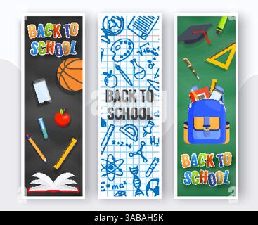 Trois bannières verticales de retour à l'école. Sac à dos, ballon de basket-ball, stylo et fournitures scolaires sur fond coloré. Retour à l'école vecteur éducation conc Illustration de Vecteur