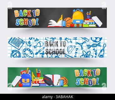 Trois bannières horizontales de retour à l'école. Sac à dos, ballon de basket-ball, stylo et fournitures scolaires sur fond coloré. Retour à l'école vecteur éducation co Illustration de Vecteur
