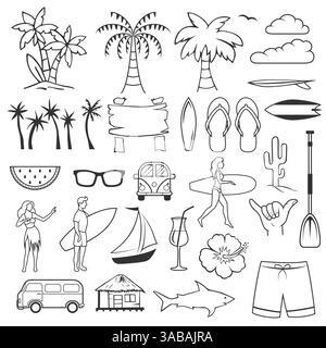 Symboles et objets dessinés à la main d'été. Ensemble d'éléments de plage de vecteur d'heure d'été Illustration de Vecteur