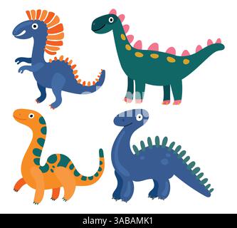 Ensemble de dinosaures de bande dessinée amicaux avec des couleurs vives, des visages souriants et des postures ludiques idéales pour les enfants thèmes préhistoriques et illustrations amusantes Illustration de Vecteur