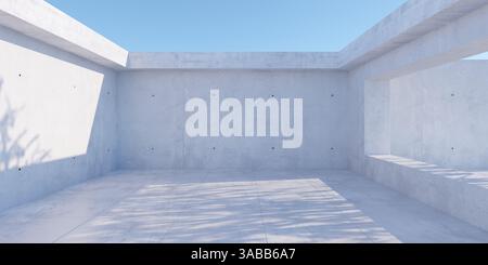 Abstrait vide, salle en béton moderne avec ciel ouvert, cour et ombre d'arbre - modèle de fond intérieur industriel, illustration 3D. Banque D'Images
