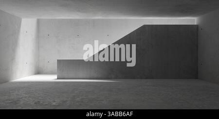 Abstrait vide, salle en béton moderne avec escaliers à l'arrière et plancher rugueux - modèle de fond intérieur industriel, illustration 3D. Banque D'Images