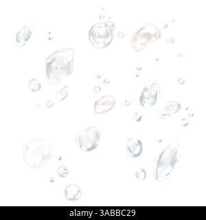 Bulles d'air dans la colonne d'eau. Illustration aquarelle en numérique. Les bulles d'oxygène du liquide remontant à la surface sont isolées sur un fond blanc Banque D'Images