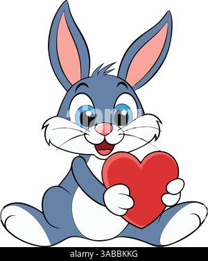 Adorable lapin de dessin animé tenant le coeur rouge assis isolé sur fond blanc. Illustration de Vecteur